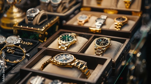 A selection of luxury gold watches displayed in elegant boxes at a sophisticated store, showcasing exquisite craftsmanship and timeless design.