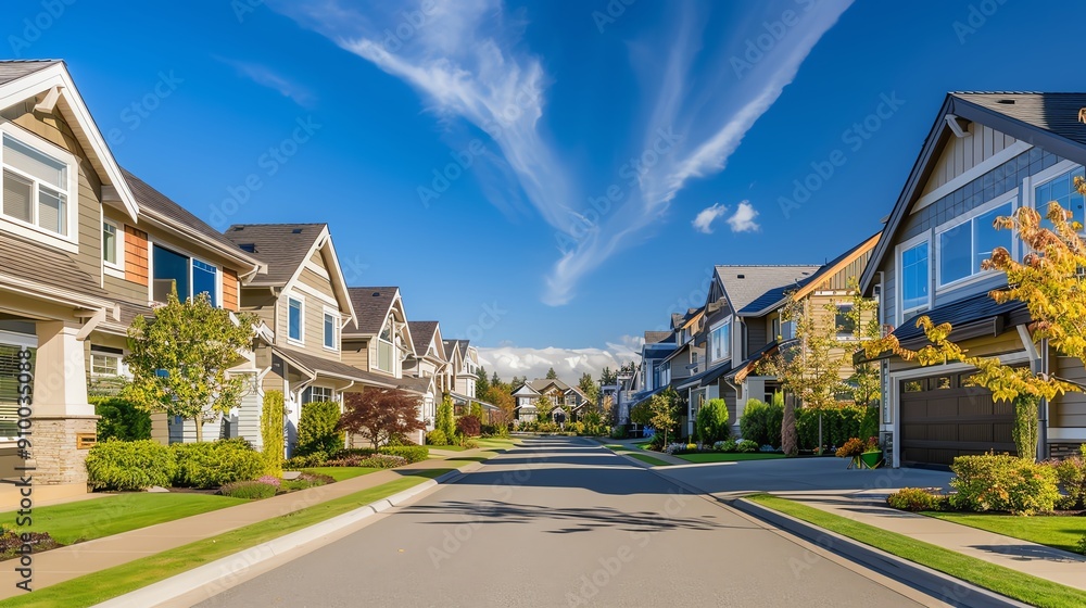Beautiful suburban neighborhood with modern houses under a clear blue sky, showcasing peaceful living in a well-maintained residential area. Beautiful suburban neighborhood with modern houses under a clear blue sky, showcasing peaceful living in a well-maintained residential area.