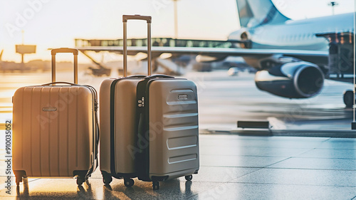 Airport terminal with suitcase at sunrise and airplane on backdrop. Journey beginnings, cacation ready and travel concept. photo