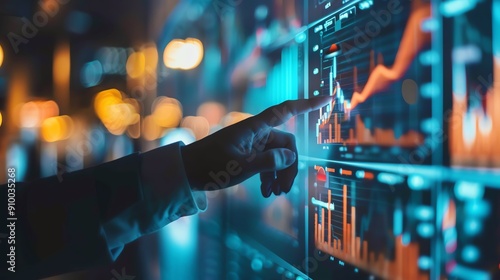 Business professional analyzing financial data on a futuristic digital interface in a modern office setting.