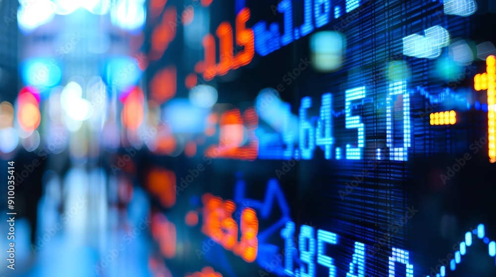 Close-up of a digital screen displaying financial data, stock market numbers, and graphs with a blurred city background. Close-up of a digital screen displaying financial data, stock market numbers, and graphs with a blurred city background.
