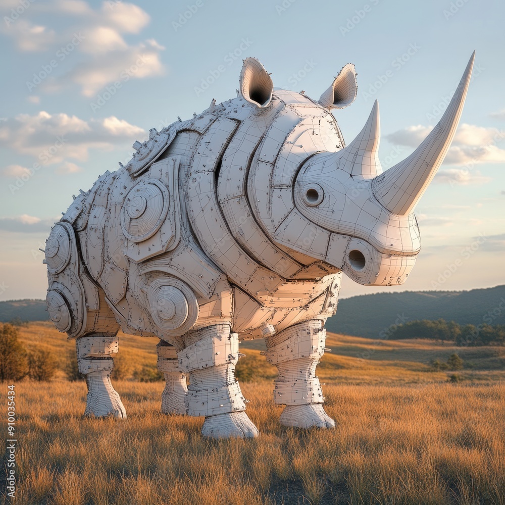 Fototapeta premium Northern White Rhino with digital armor, post-apocalyptic savannah, muted colors, 3D rendering, rugged and detailed, minimalism