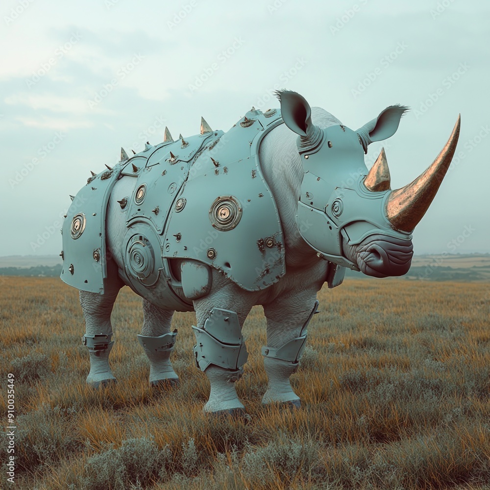 Fototapeta premium Northern White Rhino with digital armor, post-apocalyptic savannah, muted colors, 3D rendering, rugged and detailed, minimalism