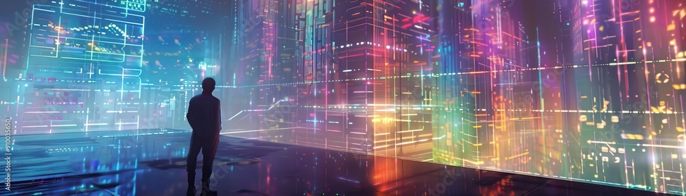 A person explores a futuristic digital landscape, illuminated by vibrant colors and data visuals, symbolizing innovation and technology. A person explores a futuristic digital landscape, illuminated by vibrant colors and data visuals, symbolizing innovation and technology.