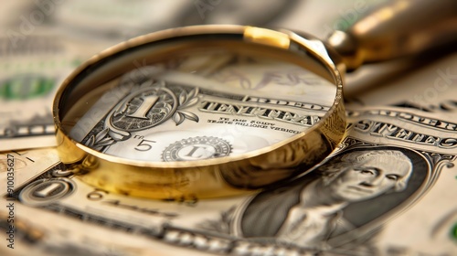 Close-up of a magnifying glass highlighting intricate details on a U.S. dollar bill, representing scrutiny and financial analysis.