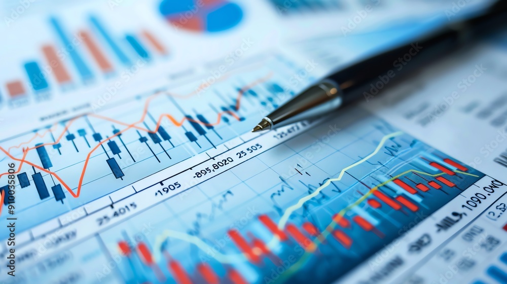 Close-up of finance graphs and charts with a pen, showcasing business analytics, financial trends, and market data analysis. Close-up of finance graphs and charts with a pen, showcasing business analytics, financial trends, and market data analysis.