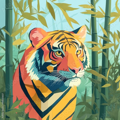 South China Tiger in bamboo forest, vibrant pop art, bright contrasting colors, illustration, abstract background, Magazine Photography