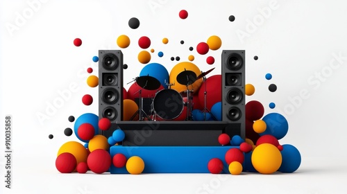 Colorful abstract background with a drum set surrounded by vibrant spheres and large speakers, white backdrop.