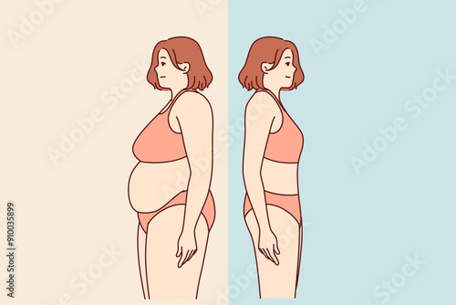 Transformation of fat woman, lost weight thanks to diet and standing in swimsuit, comparing results before and after. Girl lost weight by listening to advice of nutritionist and fitness trainer