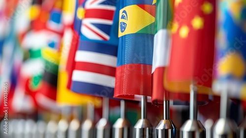 Close-up of various international flags in a row, representing global culture, diversity, unity, and international relations. photo