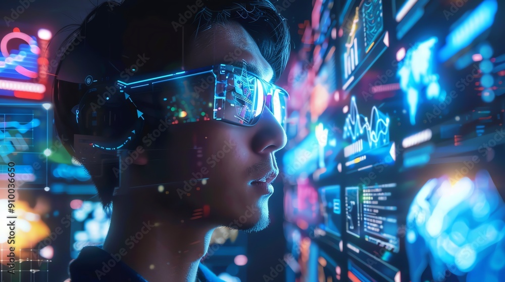 Futuristic AI developer wearing augmented reality glasses and analyzing digital data on multiple holographic screens in a dark room. Futuristic AI developer wearing augmented reality glasses and analyzing digital data on multiple holographic screens in a dark room.
