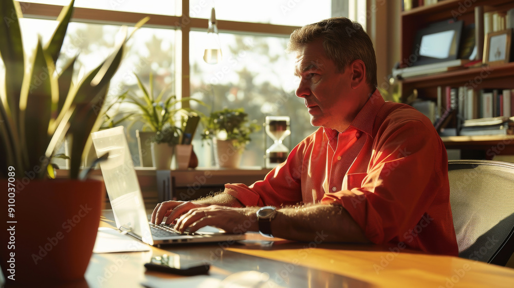A man working on his laptop in a cozy, sunlit home office space surrounded by plants, books, and a warm atmosphere of concentration. A man working on his laptop in a cozy, sunlit home office space surrounded by plants, books, and a warm atmosphere of concentration.