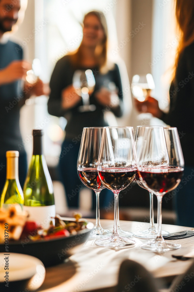Social gathering around a table with wine glasses Social gathering around a table with wine glasses