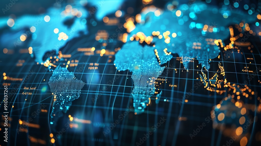 High-tech digital world map with network connections and glowing lights, representing global communication and data exchange. High-tech digital world map with network connections and glowing lights, representing global communication and data exchange.