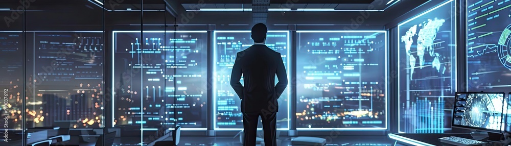 A silhouette of a business professional gazing out over a city skyline at night, surrounded by high-tech screens in an office. A silhouette of a business professional gazing out over a city skyline at night, surrounded by high-tech screens in an office.