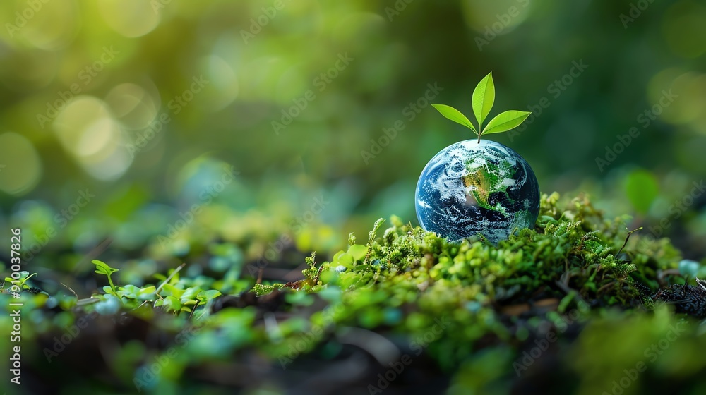 Small green plant growing from a globe on moss, representing global environmental awareness, growth, and sustainability efforts. Small green plant growing from a globe on moss, representing global environmental awareness, growth, and sustainability efforts.