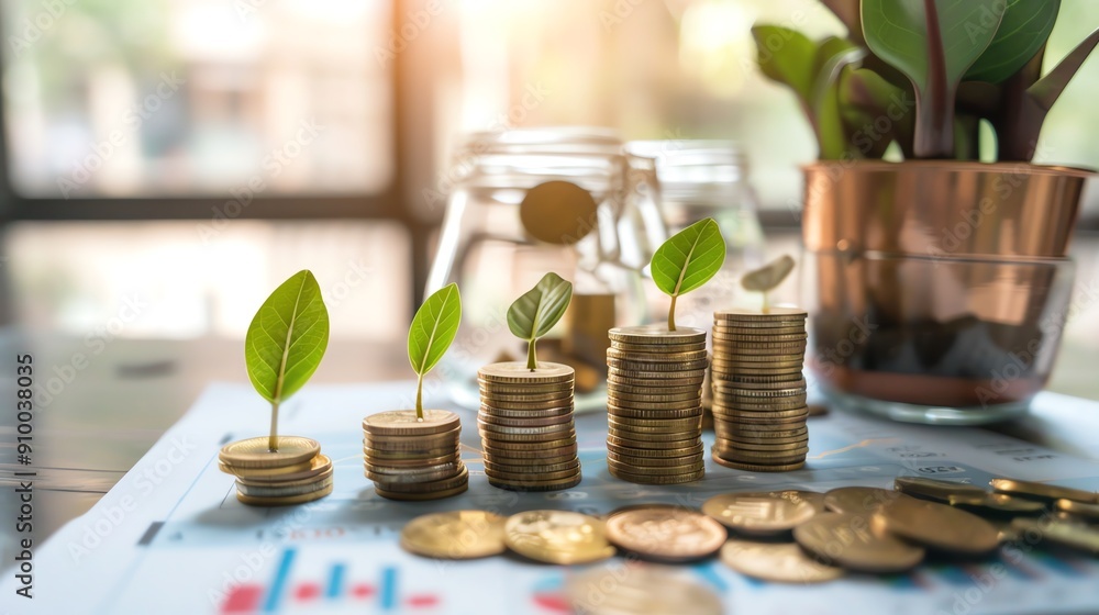 Stacks of coins with green shoots representing financial growth, investments, and savings against a blurred background of a modern office. Stacks of coins with green shoots representing financial growth, investments, and savings against a blurred background of a modern office.