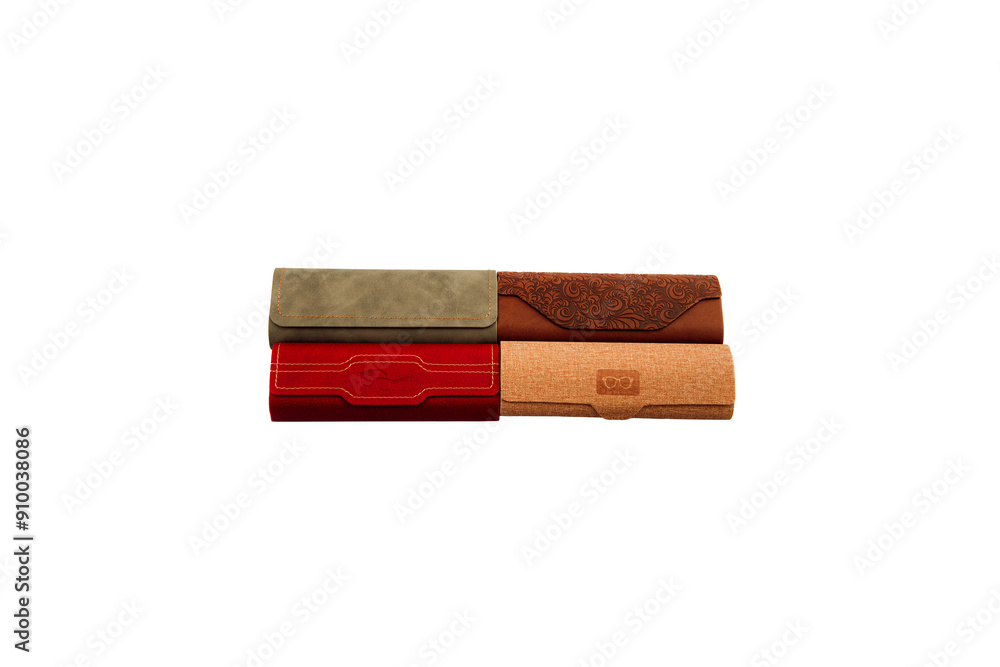 Case for glasses. Glasses in a leather storage case. Magnetic cover. lie horizontally. on an isolated white background. Close-up. space for text. Case for glasses. Glasses in a leather storage case. Magnetic cover. lie horizontally. on an isolated white background. Close-up. space for text.