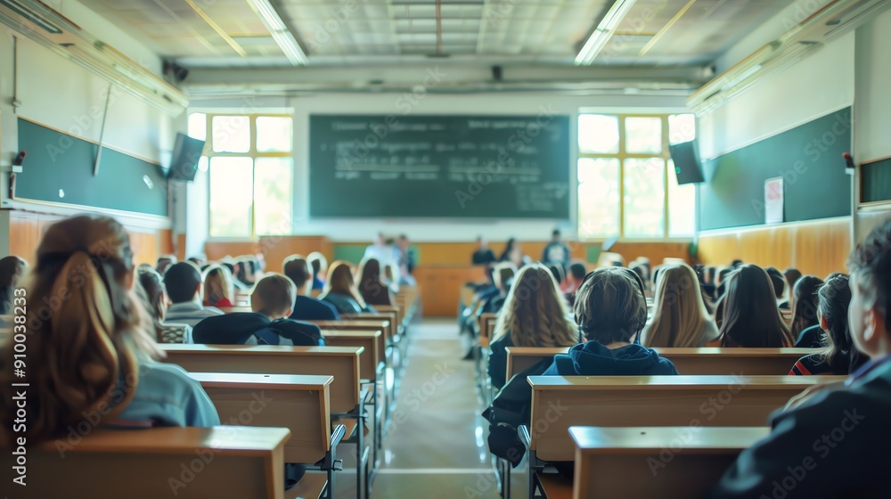 Students attending a lecture in a classroom with large windows and a blackboard, focusing on their education in a modern academic setting. Students attending a lecture in a classroom with large windows and a blackboard, focusing on their education in a modern academic setting.