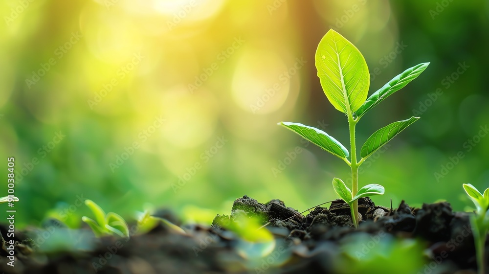Young green plant sprout growing from soil with sunlight background, symbolizing new growth, nature, and environmental sustainability. Young green plant sprout growing from soil with sunlight background, symbolizing new growth, nature, and environmental sustainability.