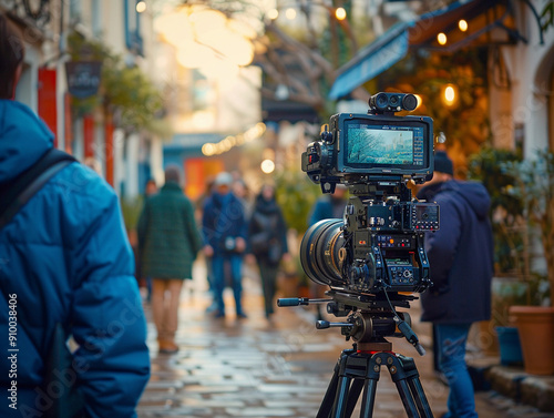 Film Crew Captures Urban Footage in Quaint Alleyway During Golden Hour Glow photo