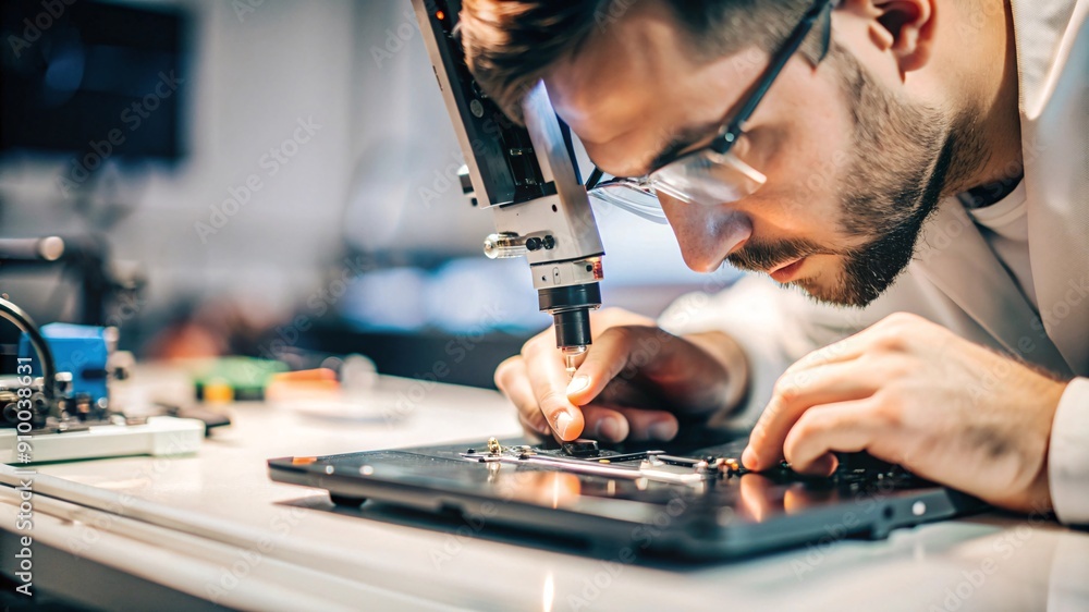 Focused Engineer Working on Electronic Hardware. A man intently focused on repairing or modifying a piece of electronic equipment, surrounded by various tools and components on his workbench. Focused Engineer Working on Electronic Hardware. A man intently focused on repairing or modifying a piece of electronic equipment, surrounded by various tools and components on his workbench.