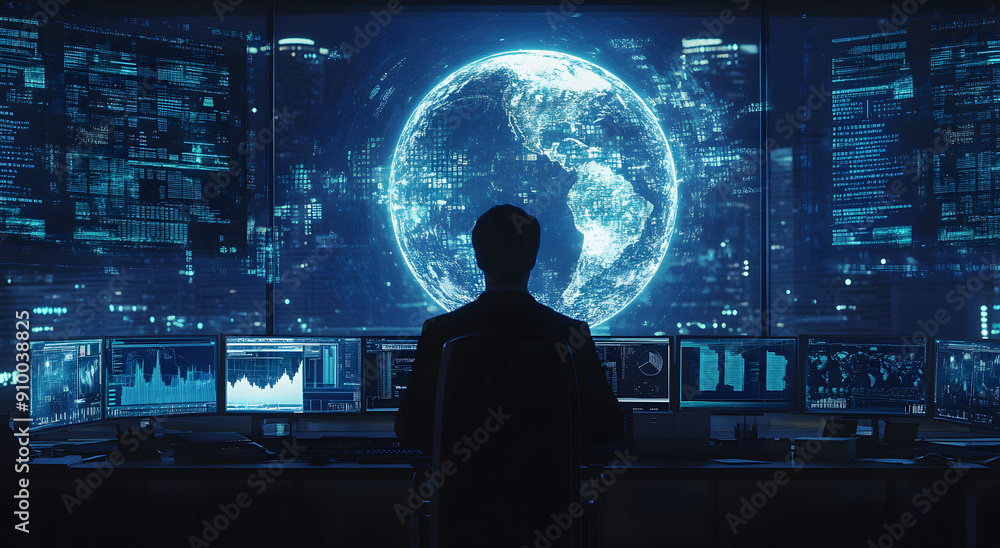 A Man in Front of Multiple Computer Screens with Digital Data A Man in Front of Multiple Computer Screens with Digital Data