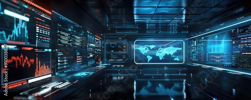 Futuristic control room with data screens, graphs, and a world map, showcasing advanced technology and analytics.