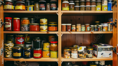 Wallpaper Mural A well-stocked kitchen pantry displays a variety of canned and bottled goods, arranged neatly on wooden shelves. Torontodigital.ca