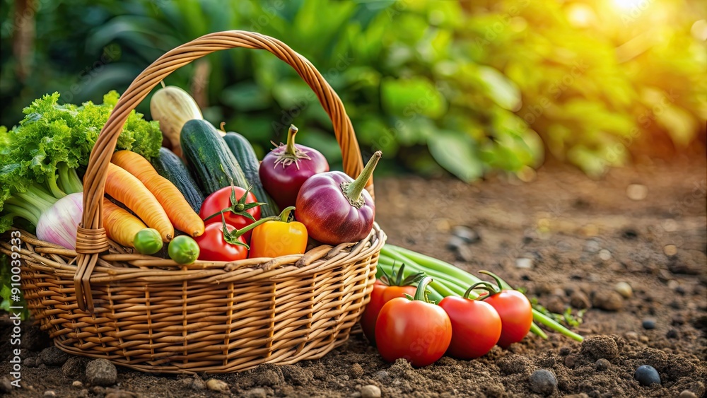Basket of fresh vegetables on soil background, organic, farm, harvest, healthy, natural, produce, garden, ripe Basket of fresh vegetables on soil background, organic, farm, harvest, healthy, natural, produce, garden, ripe