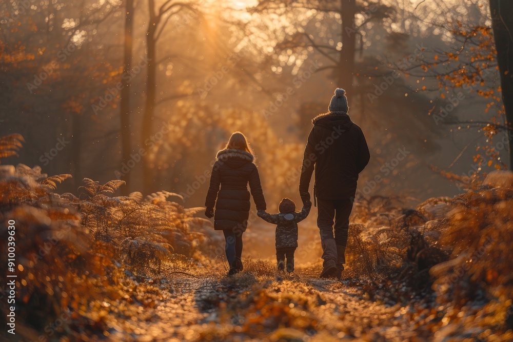 A family walking together through a serene forest, sunlight filtering through leaves A family walking together through a serene forest, sunlight filtering through leaves
