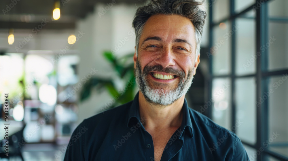 Fototapeta premium A joyful man beams with a wide smile, standing confidently in a modern open office space adorned with greenery.