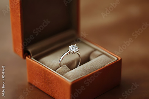 Diamond Ring in Jewelry Gift Box Floated on Brown Background