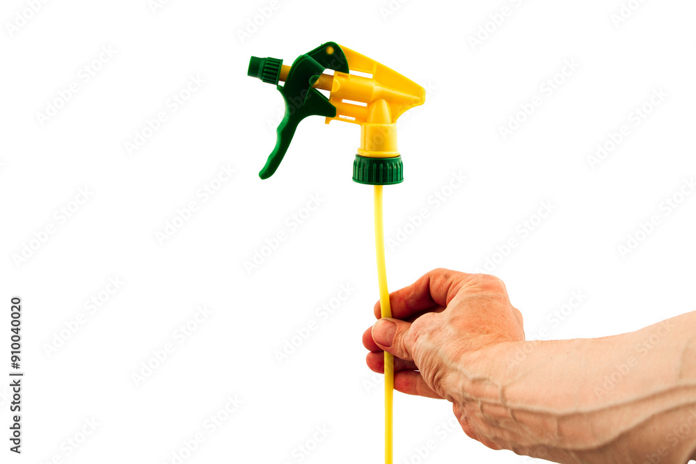 Water sprayer for plants. on a white isolated background. Sprayer for flowers. The spray sprays clean water. liquid fertilizers for plants. For caring for flowers. space for text.Close-up. Water sprayer for plants. on a white isolated background. Sprayer for flowers. The spray sprays clean water. liquid fertilizers for plants. For caring for flowers. space for text.Close-up.