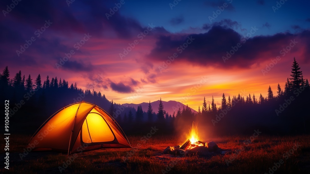 camping site featuring a tent and campfire surrounded by a clear twilight sky  