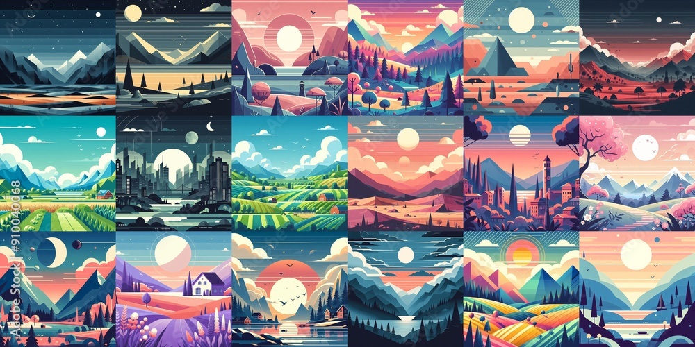 Fototapeta premium Beautiful landscapes in anime art style. AI generated illustration