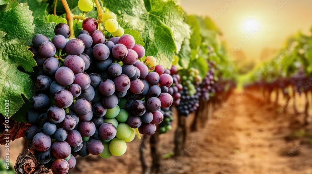 Fototapeta premium Lush vineyard showcasing ripe purple grapes under a warm sun, capturing the essence of agriculture and nature's beauty.