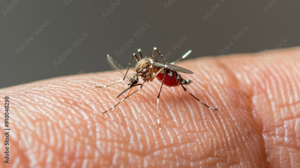 Close-up of a mosquito biting human skin, highlighting insect behavior and the risk of mosquito-borne diseases. Close-up of a mosquito biting human skin, highlighting insect behavior and the risk of mosquito-borne diseases.