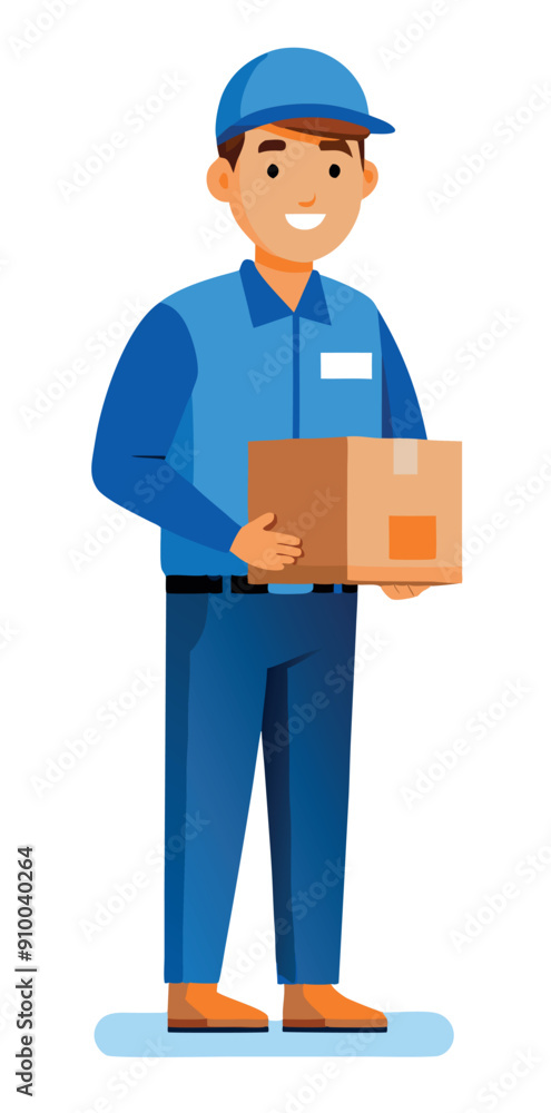 Delivery man is holding a cardboard box and smiling Delivery man is holding a cardboard box and smiling