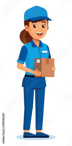 Delivery woman is holding a parcel, smiling