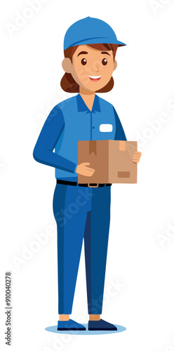 Delivery woman is holding a parcel, smiling