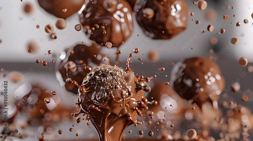 Dynamic close-up of chocolate truffles mid-explosion, capturing the motion and splatter of rich chocolate against a blurred background, highlighting the texture and indulgence of the truffles. Dynamic close-up of chocolate truffles mid-explosion, capturing the motion and splatter of rich chocolate against a blurred background, highlighting the texture and indulgence of the truffles.