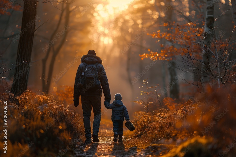 A family walking together through a serene forest, sunlight filtering through leaves A family walking together through a serene forest, sunlight filtering through leaves
