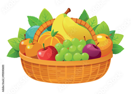 Wicker basket overflowing with fresh fruit on white background