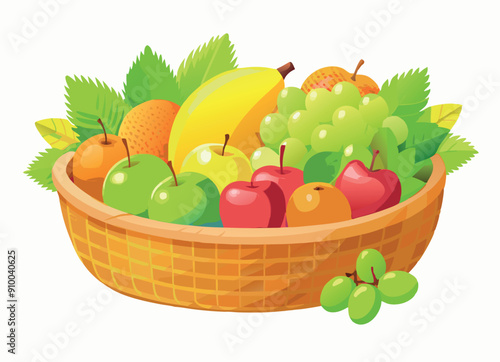 Wicker basket overflowing with fresh fruit on white background