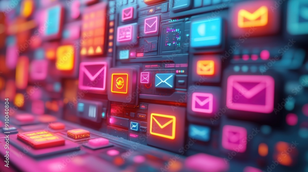 Marketing online with email platform: A futuristic 3D render of various email marketing platforms, including Mailchimp, Constant Contact, and HubSpot. This visual highlights the features and Marketing online with email platform: A futuristic 3D render of various email marketing platforms, including Mailchimp, Constant Contact, and HubSpot. This visual highlights the features and
