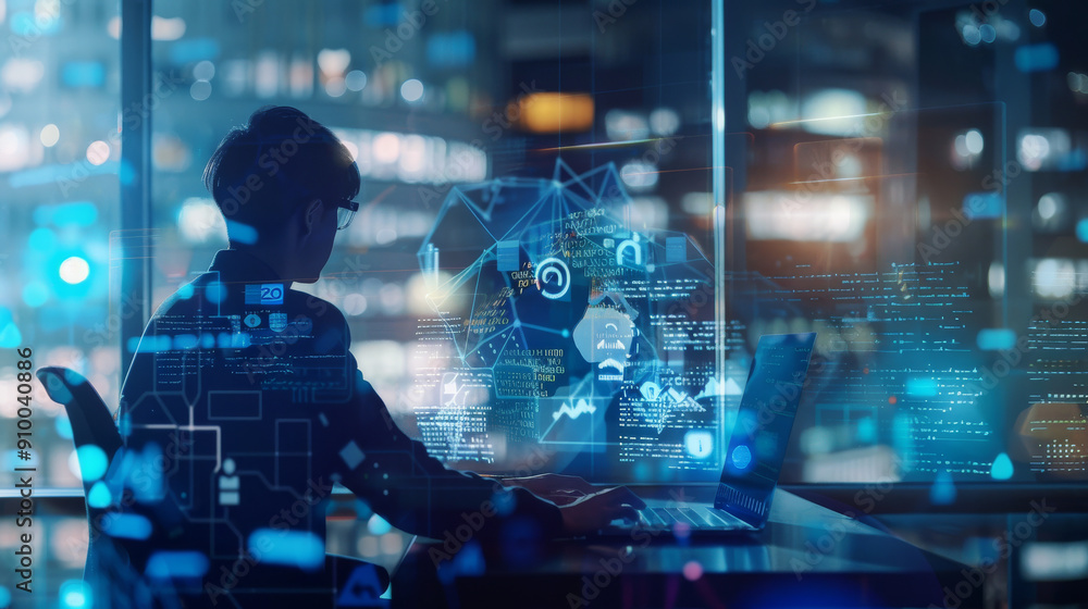 A silhouette of a person using a laptop against a cityscape backdrop, overlaid with digital holograms representing various technology and data analytics. A silhouette of a person using a laptop against a cityscape backdrop, overlaid with digital holograms representing various technology and data analytics.