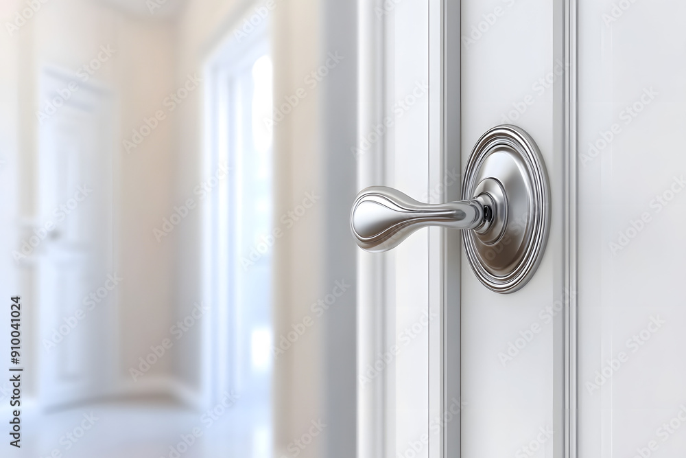 Modern Door Handle on White Door with Room Interior Modern Door Handle on White Door with Room Interior