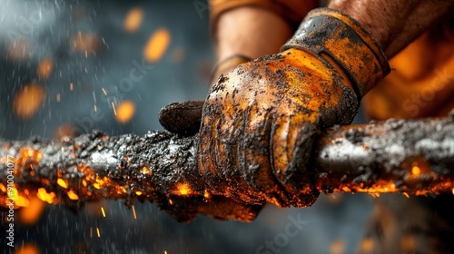 A skilled worker grips a glowing metal rod, showcasing the intense heat and craftsmanship involved in metalworking.