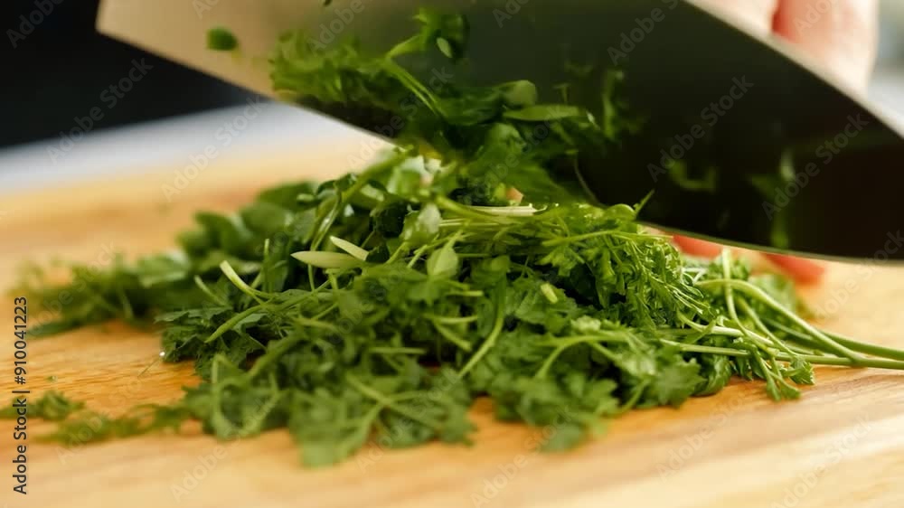 Fresh herbs are being chopped on a wooden cutting board, showcasing culinary preparation in a cozy, well-lit kitchen Fresh herbs are being chopped on a wooden cutting board, showcasing culinary preparation in a cozy, well-lit kitchen